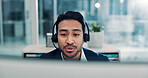 Business, man and computer with headset at call centre for customer service, online query and advice. Agent, mic and pc for consultation, client support and crm representative of technical assistance