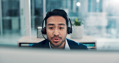 Buy stock photo Business, man and computer with headset at call centre for customer service, online query and advice. Agent, mic and pc for consultation, client support and crm representative of technical assistance