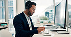 Happy, businessman and agent typing with headset in office for virtual assistance or web support. Man, employee or consultant talking with mic on computer for CRM, online advice or customer service