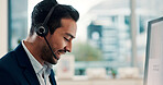 Happy, businessman and agent talking with headset in office for virtual assistance or web support. Man, employee or consultant with smile or mic on computer for CRM, online advice or customer service