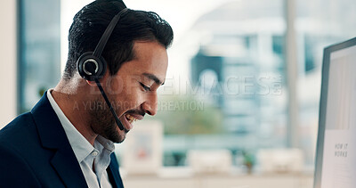 Buy stock photo Happy, man and agent talking with headset in office for virtual assistance or web support. Person, employee or consultant with smile or mic on computer for CRM, online advice or customer service