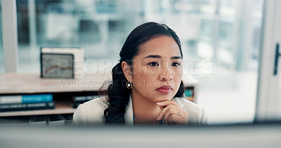 Buy stock photo Employee, reading and woman with computer, office or risk assessment on website, research and online. Investment banker, serious and person with tech for financial analysis, info and asset management