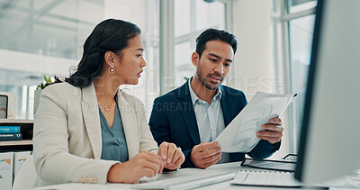 Buy stock photo Paperwork, meeting and business people in office for finance report, budget review and planning. Corporate, teamwork and man and woman with documents, financial proposal and investment portfolio