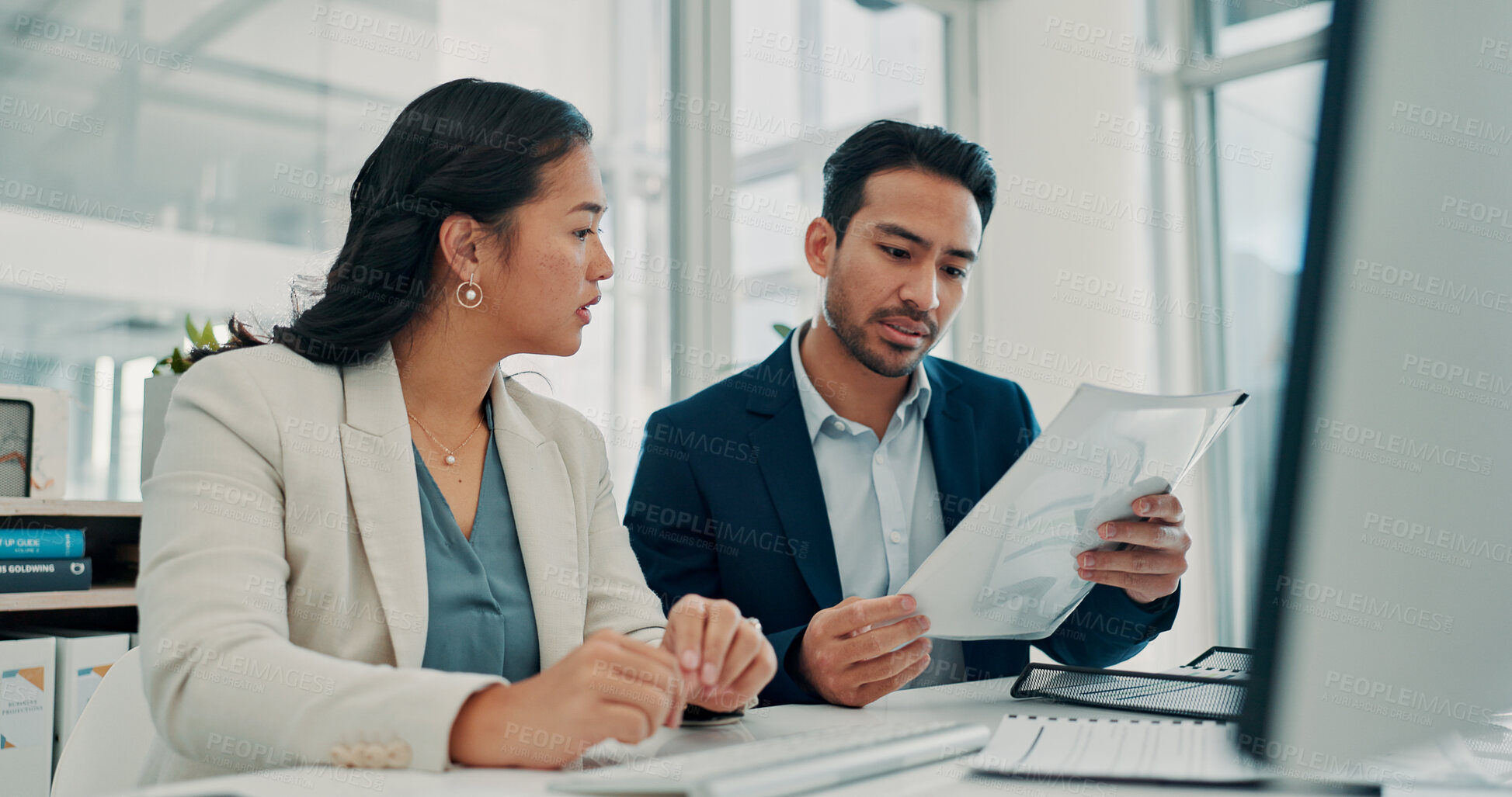 Buy stock photo Paperwork, meeting and business people in office for finance report, budget review and planning. Corporate, teamwork and man and woman with documents, financial proposal and investment portfolio