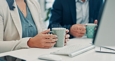 Buy stock photo Hands, business and woman in office with coffee, start day and planning for financial report. People, investor and professional in workplace for espresso, energy boost and pc for company audit or tea