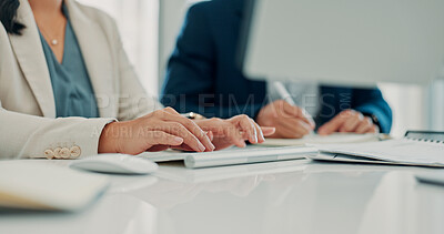 Buy stock photo Hands, investor and woman with computer, typing and deadline for financial report. People, investment strategy or employee in office with pc, research for trading portfolio or email for revenue audit