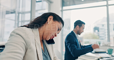 Buy stock photo Phone call, communication and businesswoman in office with stress for finance deal with client. Technology, contact and financial advisor on mobile discussion with busy for investment proposal.