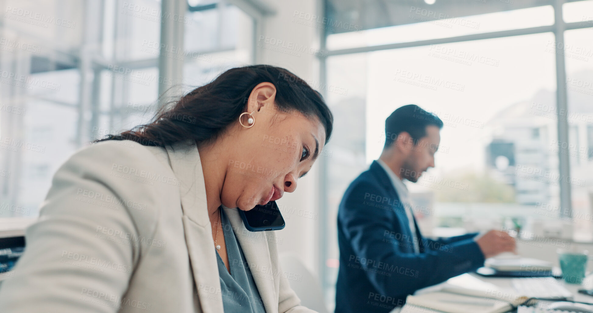 Buy stock photo Phone call, communication and businesswoman in office with stress for finance deal with client. Technology, contact and financial advisor on mobile discussion with busy for investment proposal.
