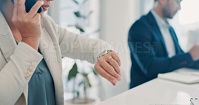 Buy stock photo Woman, check and watch with phone call in office for discussion, schedule and multitasking. Person, mobile chat and wristwatch for time management, meeting agenda and reminder for client appointment 