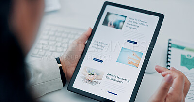 Buy stock photo Tablet screen, hands and business woman on website for affiliate marketing tips, research or information. Office, above and person on digital tech and ui for company growth, insight or online article