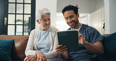 Buy stock photo Nursing home, old woman and nurse with tablet, scroll and consultation for health report or wellness. Assisted living, senior person and caregiver with tech for medical results, healthcare and online