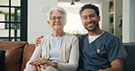 Happy man, portrait or senior patient with nurse for healthcare or assisted living together in home. Doctor, caregiver and smile with elderly woman or hug for health and wellness in retirement house
