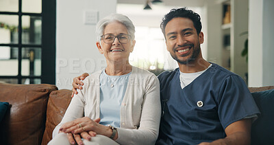 Buy stock photo Happy man, portrait or senior patient with nurse for healthcare or assisted living together in home. Doctor, caregiver and smile with elderly woman or hug for health and wellness in retirement house