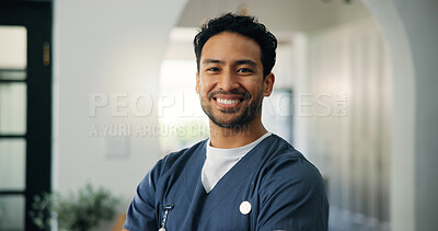 Buy stock photo Man, doctor and happy in portrait at clinic with pride, confident or service for wellness in lobby. Person, medical professional and surgeon with smile, healthcare and career at hospital in Indonesia