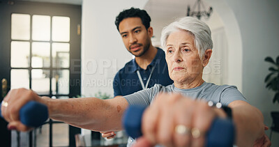 Buy stock photo Man, physiotherapy or elderly patient with dumbbell for weightlifting exercise or strength training. Male person, physio or senior woman with arm weight for fitness or muscle recovery in house