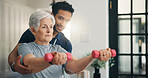Physiotherapist, senior woman and dumbbells for exercise, muscle recovery or rehabilitation. Weights, physical therapy and elderly person in training for health, strength or help for wellness in home