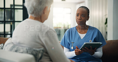 Buy stock photo Discussion, patient and caregiver with tablet in home, health evaluation results and medical counseling. Speaking, tech and senior person with nurse for assessment report, support or diagnosis talk