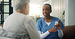 Nurse, elderly woman and pills for healthcare prescription, treatment dose or wellness in home. Caregiver, senior person and medicine in house, medical instruction or explain medication schedule
