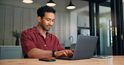 Buy stock photo Laptop, typing and businessman in office with research for full stack development with project. Technology, professional and male web developer with computer for online coding report in workplace.