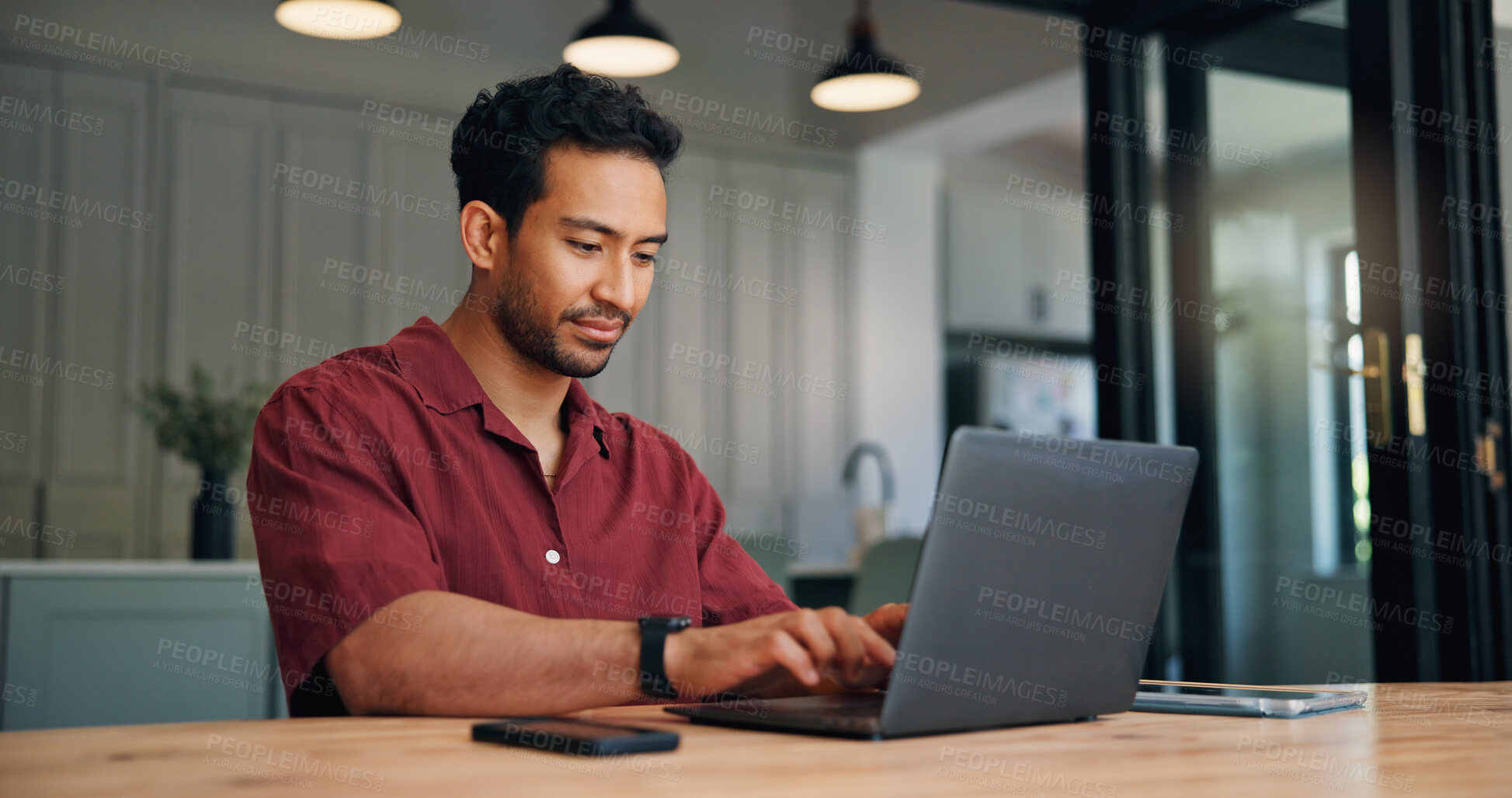 Buy stock photo Laptop, typing and businessman in office with research for full stack development with project. Technology, professional and male web developer with computer for online coding report in workplace.