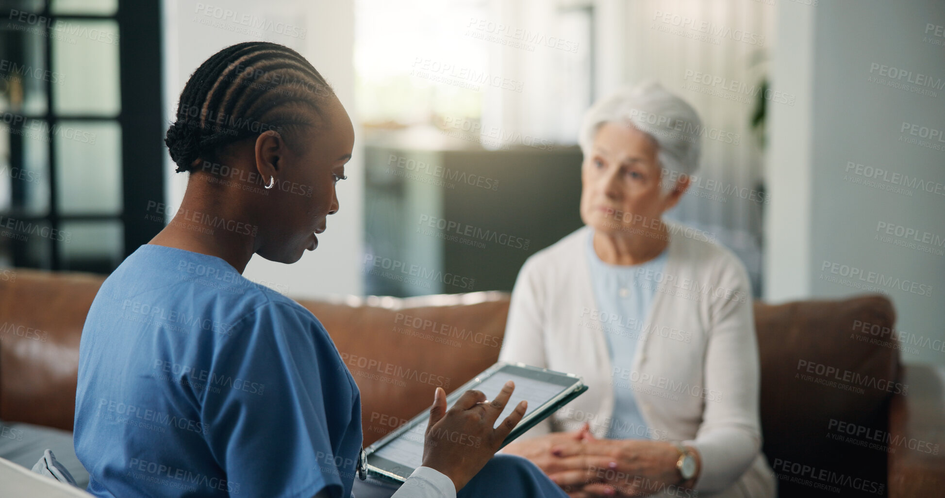 Buy stock photo Reading, senior woman or nurse with tablet in home, health survey or medical counseling for evaluation. Listen, tech or old person with caregiver for wellness assessment, symptoms checklist or screen