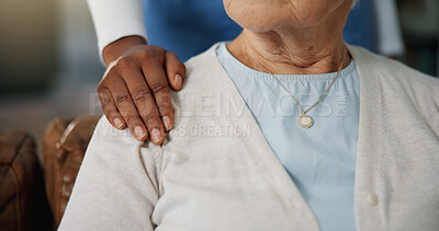 Buy stock photo Caregiver, shoulder touch and hands in house with comfort, understanding or empathy in assisted living. Compassion, security or nurse with elderly person, support and trust in retirement care.
