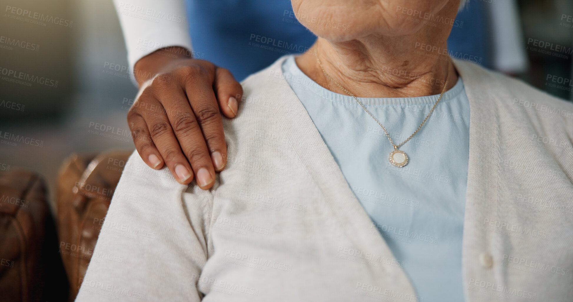 Buy stock photo Caregiver, shoulder touch and hands in house with comfort, understanding or empathy in assisted living. Compassion, security or nurse with elderly person, support and trust in retirement care.
