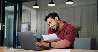 Buy stock photo Laptop, documents and businessman typing with phone call in office with contact for programming mistake. Computer, stress and web developer on discussion for feedback on coding error with paperwork.
