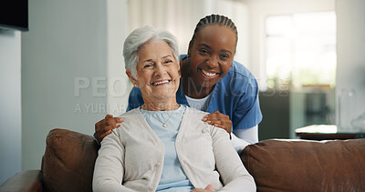 Buy stock photo Caregiver, portrait or people in house with hug, understanding or empathy in assisted living. Compassion, elderly woman and nurse in home with embrace, support and patient security in retirement care