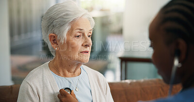 Buy stock photo Nursing home, senior woman and nurse with stethoscope, wellness and checkup for heart rate in lounge. Healthcare, consultation and caregiver with phonendoscope for medical exam and check lung health