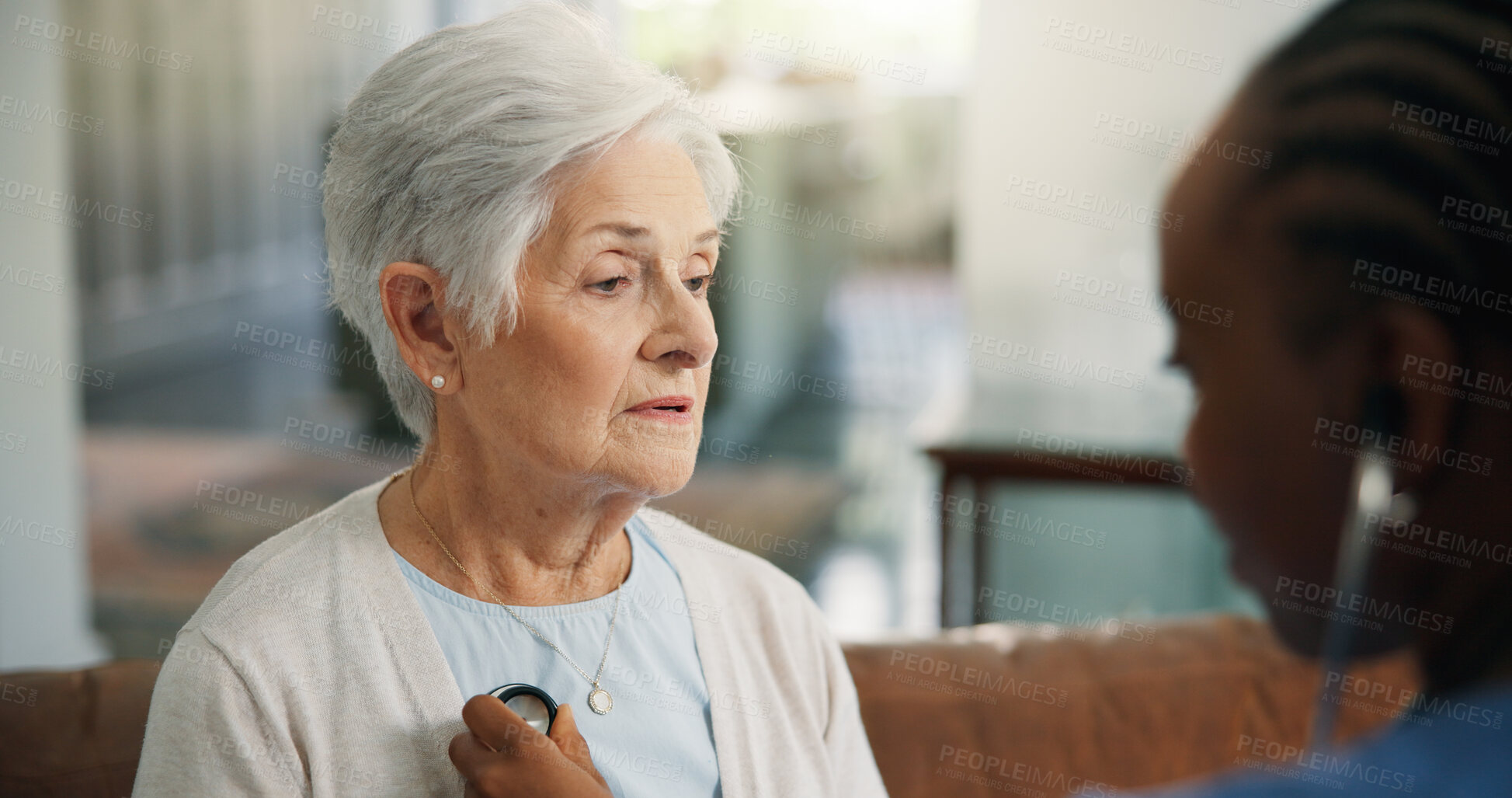 Buy stock photo Nursing home, senior woman and nurse with stethoscope, wellness and checkup for heart rate in lounge. Healthcare, consultation and caregiver with phonendoscope for medical exam and check lung health