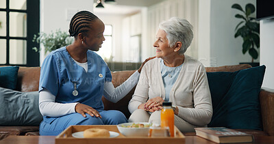Buy stock photo Conversation, nurse and senior woman on sofa in home for healthcare consultation with diagnosis. Discussion, checkup and caregiver with elderly female person for medical treatment plan in living room