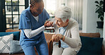 Caregiver, help and old woman with disability in home for physiotherapy, support and medical recovery. Nurse, assistance or senior person with walking stick, balance and rehabilitation for healthcare