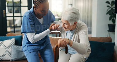 Buy stock photo Caregiver, help and old woman with disability in home for physiotherapy, support and medical recovery. Nurse, assistance or senior person with walking stick, balance and rehabilitation for healthcare