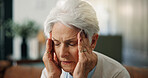 Home, pain and senior woman with headache, burnout or stress for financial insecurity in living room. Mental health, reflection and elderly person with migraine, massage and anxiety for retirement