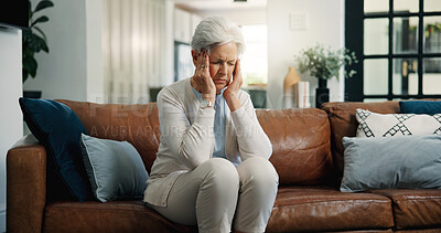 Buy stock photo Home, stress and senior woman with headache, burnout or thinking for financial insecurity in lounge. Mental health, reflection and elderly person with migraine, massage and anxiety for retirement
