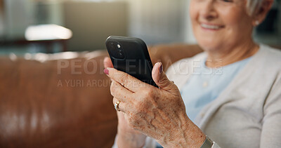 Buy stock photo Old woman, hands and scroll in home with phone, browsing and social media gossip for entertainment. Happy, elderly person and typing in house with tech, text message and mobile app for online news.
