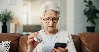 Buy stock photo Old woman, phone and pills on couch with search for prescription, supplements or medicine in home. Elderly person, smartphone and pharma drugs on sofa, mobile app and healthcare product in retirement