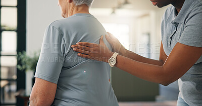Buy stock photo Physiotherapist, hands or senior patient with back pain for medical checkup or muscle recovery. Female person, physio or checking spine with elderly client for fibromyalgia, massage or rehabilitation