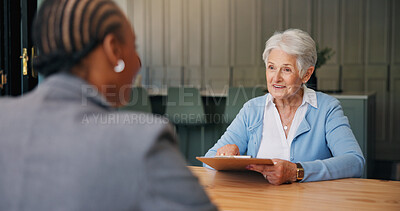 Buy stock photo Senior, happy woman and lawyer with application for title deed or asset management advice. Female person, elderly client or smile with attorney, clipboard or form for investment plan or agreement