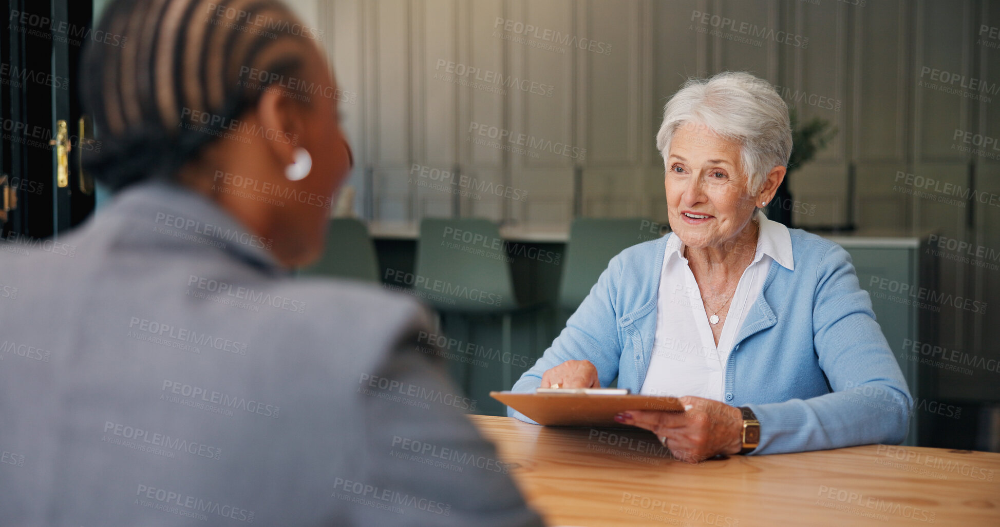 Buy stock photo Senior, happy woman and lawyer with application for title deed or asset management advice. Female person, elderly client or smile with attorney, clipboard or form for investment plan or agreement