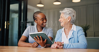 Buy stock photo Happy, caregiver and senior woman with tablet at house for good news, medical results and telehealth. Smile, nurse and elderly person with digital for healthcare report, online survey and retirement