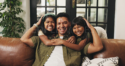Buy stock photo House, portrait and father on couch, girls and happiness with weekend break, relax and family. Apartment, parent and dad on sofa, daughter and bonding together for love, smile and man with care