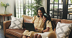 Laptop, relax and mother with kid on sofa for watching movie, show or series together on weekend. Computer, happy and mom with girl child for streaming film, bonding or connection in living room.