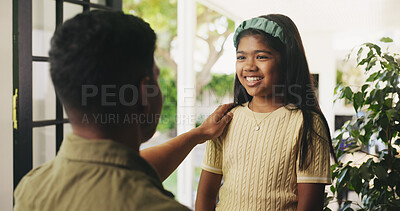 Buy stock photo Conversation, proud and smile of daughter with father in home together for advice or development. Love, security or trust with girl child and single parent man in apartment for bonding or growth 