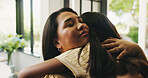Care, mother and hug child in home for connection, love and security with foster daughter. Adoption, mom and girl embrace in house for bonding together, family support and safety with single parent