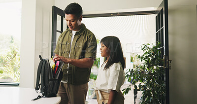 Buy stock photo Preparation, dad and girl in house with backpack, childcare help or getting ready in morning routine. Happy, man and child in home with bag, parent assistance or supply check in back to school care.