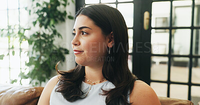 Buy stock photo Woman, thinking and relax on sofa in home with reflection, choice and memory in morning in living room. Person, girl and perspective with insight, decision and smile on lounge couch at apartment