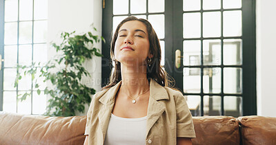 Buy stock photo Woman, smile and thinking on sofa in home with reflection, relax or breathe on break in lounge. Person, happy and eyes closed on couch for inspiration, memory and daydream in living room at house