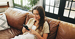 Girl, phone and relax on couch with typing, communication or texting in home. Woman, tech and contact in living room with connection, social media update or weekend planning on sofa with networking